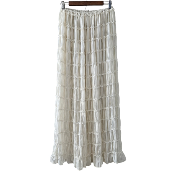 Womens Boho Cream Pleated Ruffle Maxi Pettiskirt Skirt - Picture 2 of 5